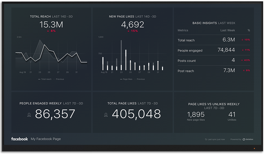 Facebook metrics and KPI visualization on Databox big screen dashboard