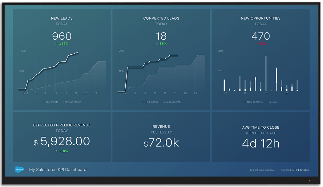 Salesforce metrics and KPI visualization on Databox big screen dashboard