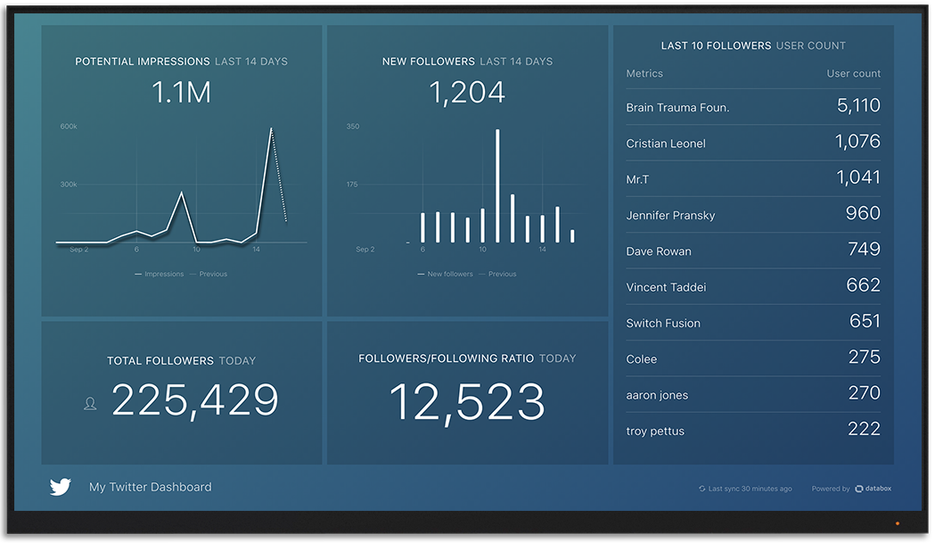 Twitter metrics and KPI visualization on Databox big screen dashboard