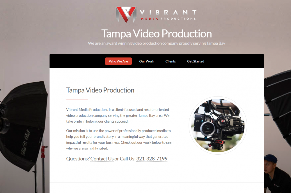 Video production/photography landing page example